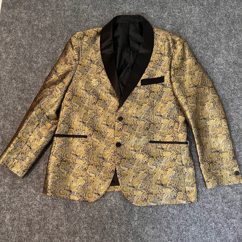 Tailorbyrd Gold Paisley Brocade Blazer Mens 44R Metallic Dinner Jacket Tuxedo